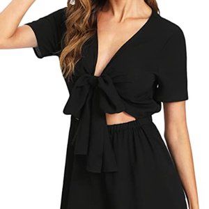 SweatyRocks Women's Sexy V Neck Self Tie Front Short Romper Jumpsuit Playsuit